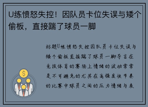 U练愤怒失控！因队员卡位失误与矮个偷板，直接踹了球员一脚
