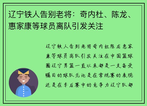 辽宁铁人告别老将：奇内杜、陈龙、惠家康等球员离队引发关注