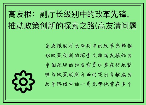 高友根：副厅长级别中的改革先锋，推动政策创新的探索之路(高友清问题)