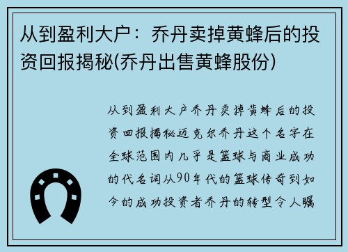 从到盈利大户：乔丹卖掉黄蜂后的投资回报揭秘(乔丹出售黄蜂股份)