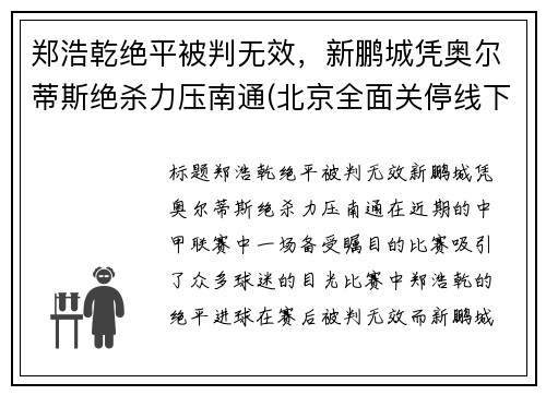郑浩乾绝平被判无效，新鹏城凭奥尔蒂斯绝杀力压南通(北京全面关停线下培训)